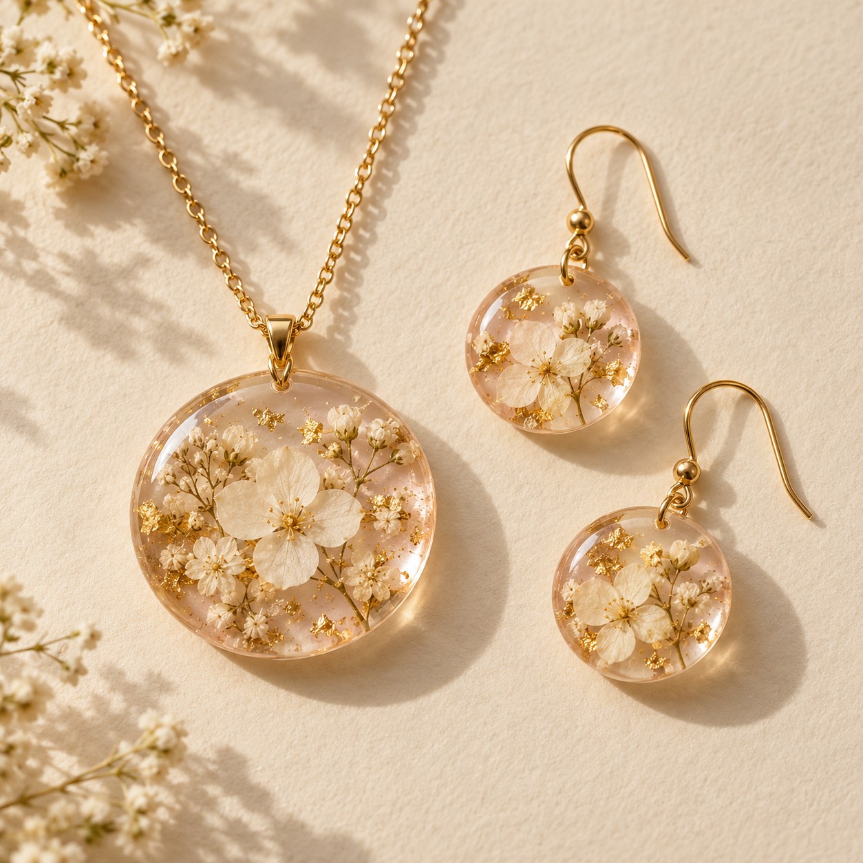 Botanical resin necklace and earrings
